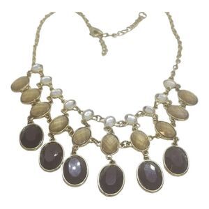 NY New York Necklace 3 Row Faceted Brown Bib Gold Necklace